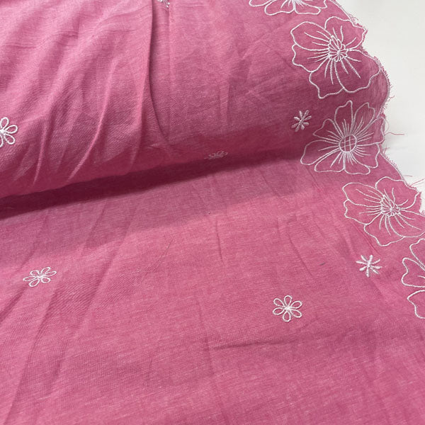 Deadstock Pink Floral Embroidered Border Lightweight Cotton Muslin Fabric
