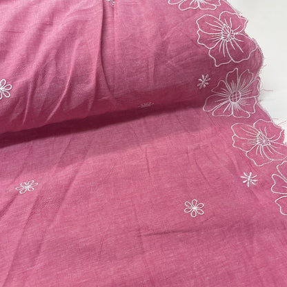 Deadstock Pink Floral Embroidered Border Lightweight Cotton Muslin Fabric