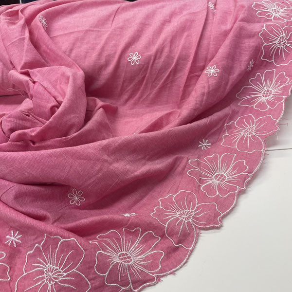 Deadstock Pink Floral Embroidered Border Lightweight Cotton Muslin Fabric