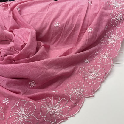 Deadstock Pink Floral Embroidered Border Lightweight Cotton Muslin Fabric