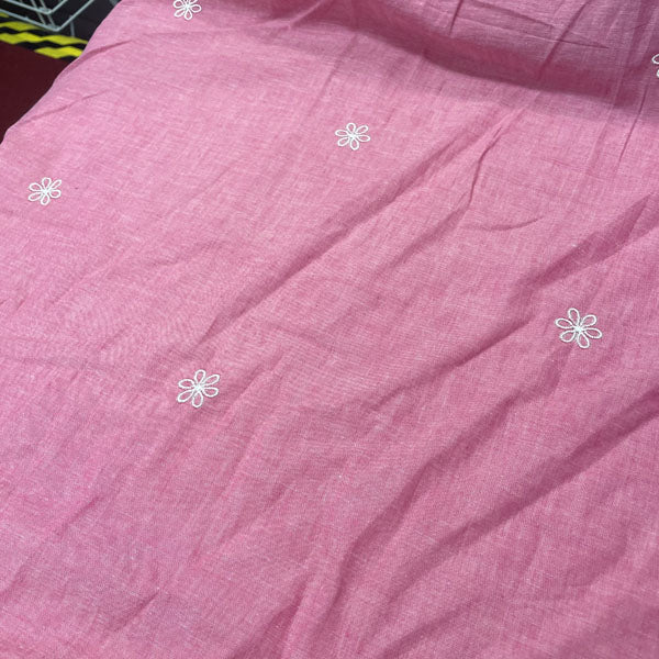 Deadstock Pink Floral Embroidered Border Lightweight Cotton Muslin Fabric