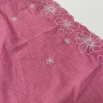 Deadstock Pink Floral Embroidered Border Lightweight Cotton Muslin Fabric