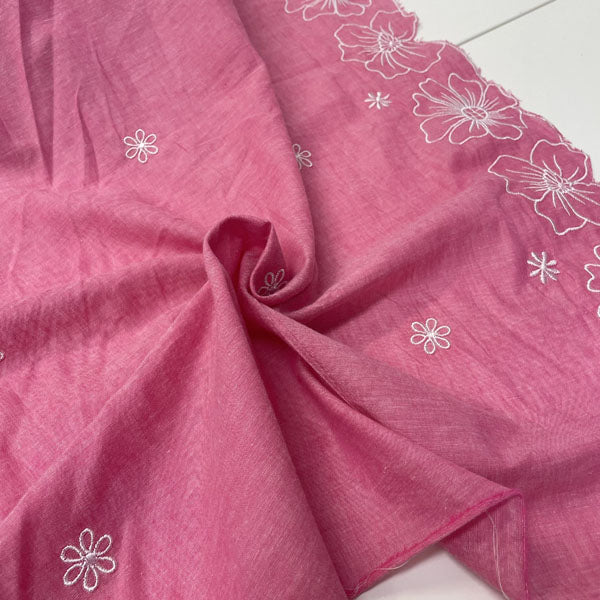 Deadstock Pink Floral Embroidered Border Lightweight Cotton Muslin Fabric