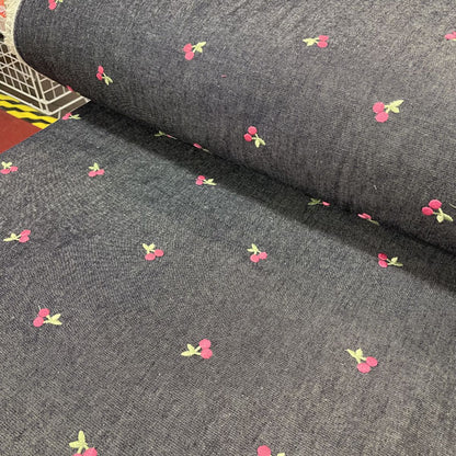 Deadstock Cherry Embroidered Wide Washed Denim Fabric