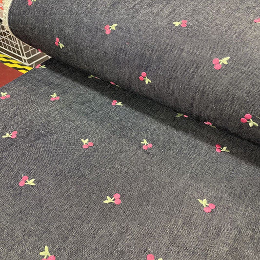 Deadstock Cherry Embroidered Wide Washed Denim Fabric