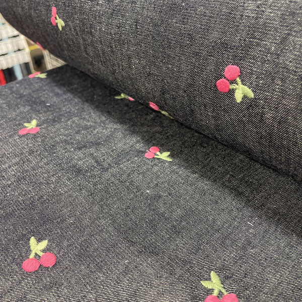Deadstock Cherry Embroidered Wide Washed Denim Fabric