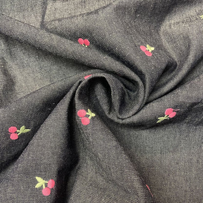 Deadstock Cherry Embroidered Wide Washed Denim Fabric