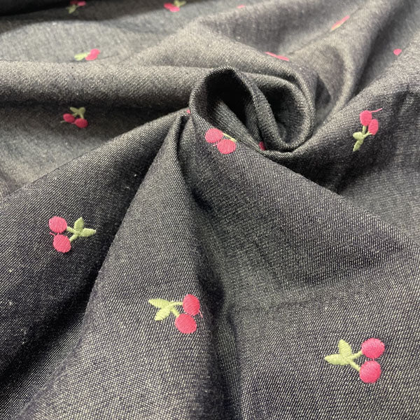 Deadstock Cherry Embroidered Wide Washed Denim Fabric