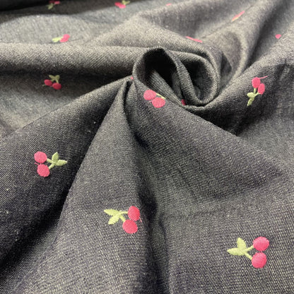 Deadstock Cherry Embroidered Wide Washed Denim Fabric