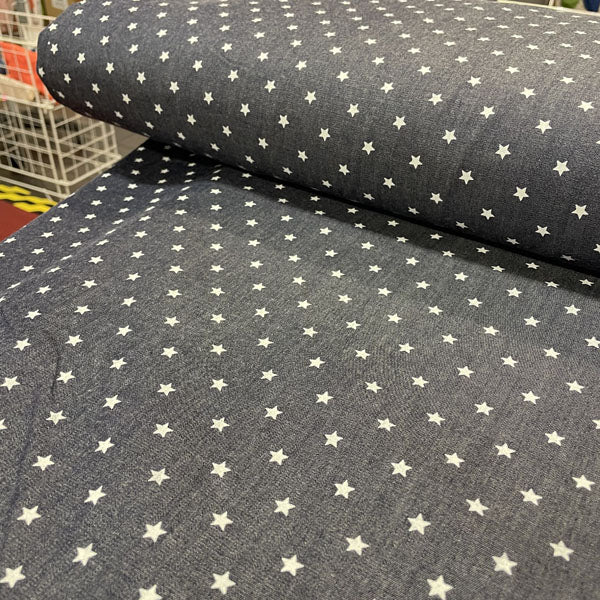 Deadstock White Star Print Navy Denim Fabric