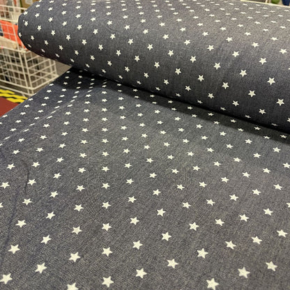 Deadstock White Star Print Navy Denim Fabric