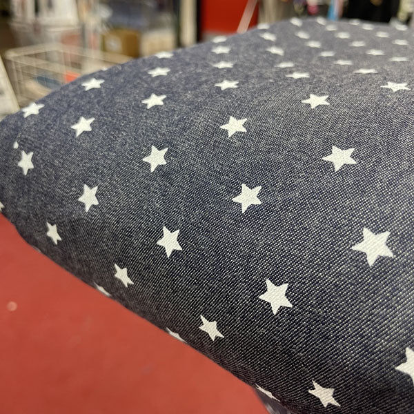 Deadstock White Star Print Navy Denim Fabric