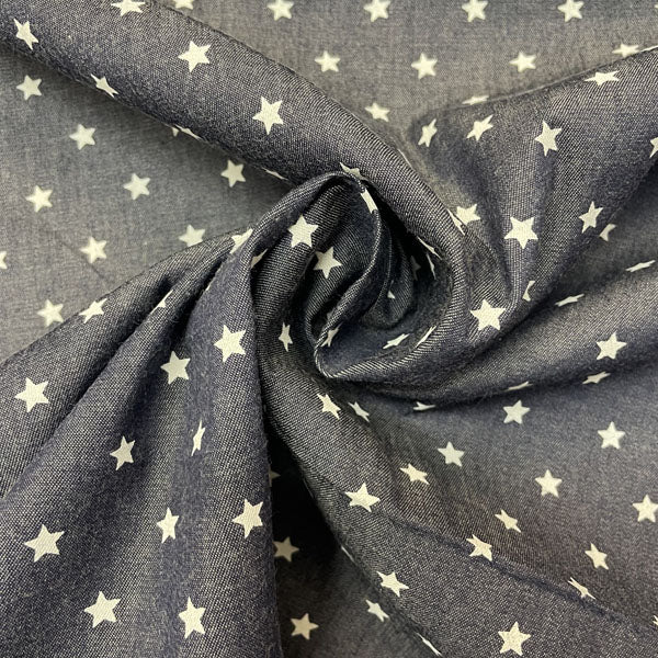 Deadstock White Star Print Navy Denim Fabric
