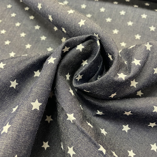 Deadstock White Star Print Navy Denim Fabric