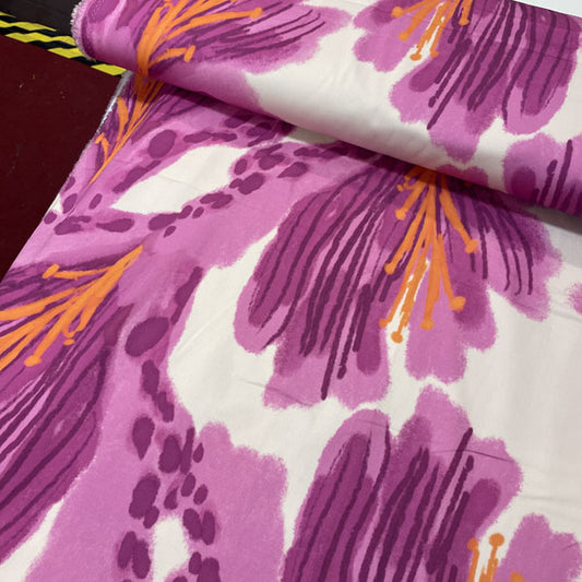 Deadstock Large Lilies Floral Cotton Satin Lycra Fabric