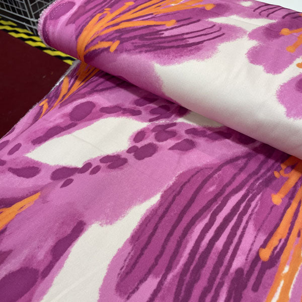 Deadstock Large Lilies Floral Cotton Satin Lycra Fabric