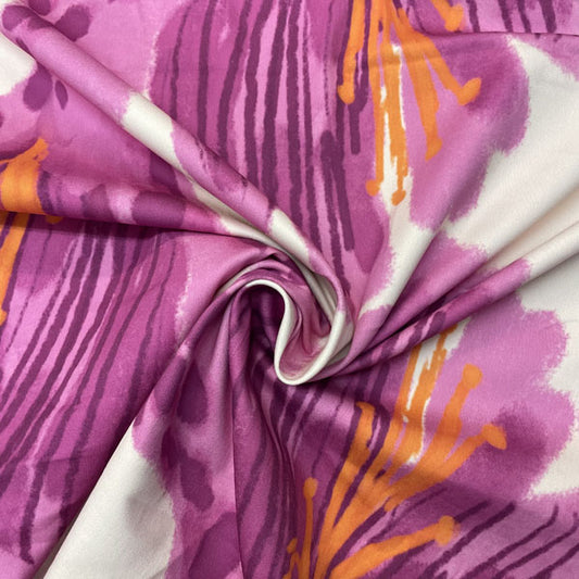 Deadstock Large Lilies Floral Cotton Satin Lycra Fabric