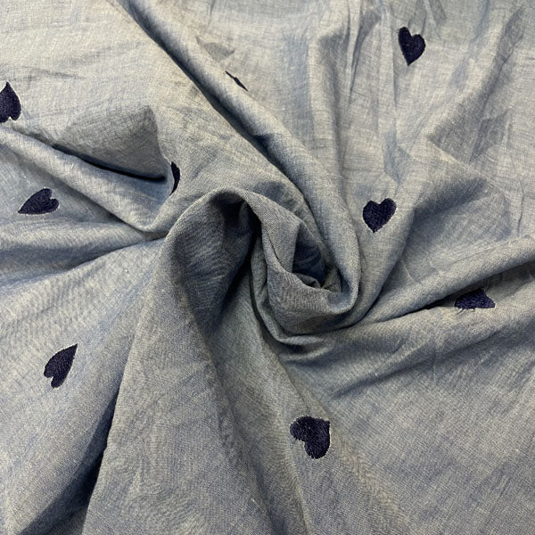 Deadstock Heart Embroidered Lightweight Chambray Fabric