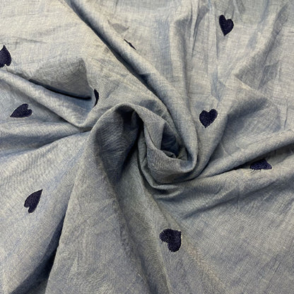Deadstock Heart Embroidered Lightweight Chambray Fabric
