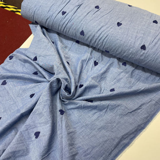 Deadstock Heart Embroidered Lightweight Chambray Fabric