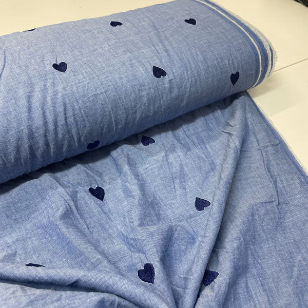 Deadstock Heart Embroidered Lightweight Chambray Fabric