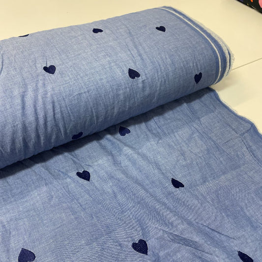 Deadstock Heart Embroidered Lightweight Chambray Fabric