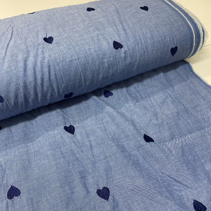 Deadstock Heart Embroidered Lightweight Chambray Fabric