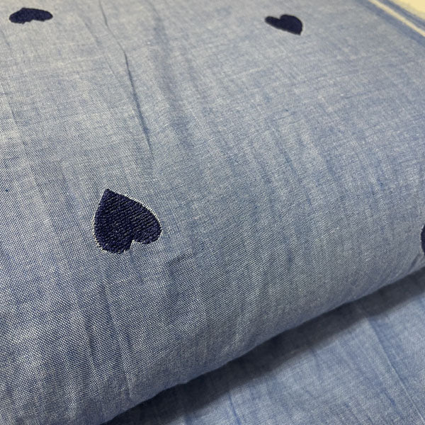 Deadstock Heart Embroidered Lightweight Chambray Fabric