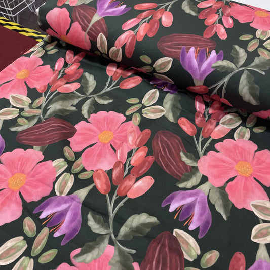 Deadstock Watercolour Berries & Floral Cotton Satin Lycra Fabric