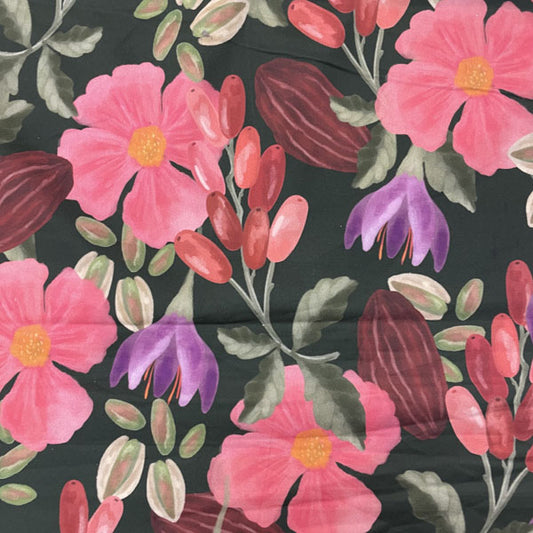 Deadstock Watercolour Berries & Floral Cotton Satin Lycra Fabric