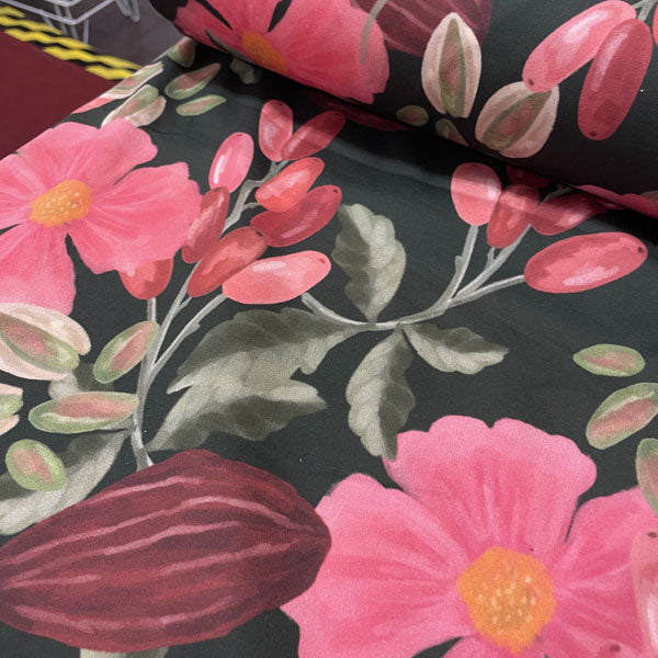 Deadstock Watercolour Berries & Floral Cotton Satin Lycra Fabric