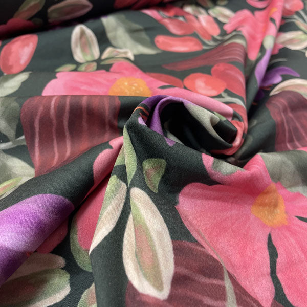 Deadstock Watercolour Berries & Floral Cotton Satin Lycra Fabric