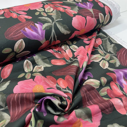 Deadstock Watercolour Berries & Floral Cotton Satin Lycra Fabric