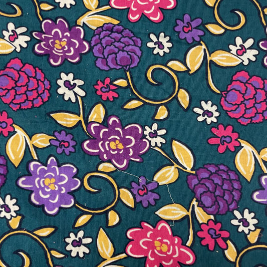 Deadstock Pink & Purple Floral Jacobean Green Needlecord Fabric