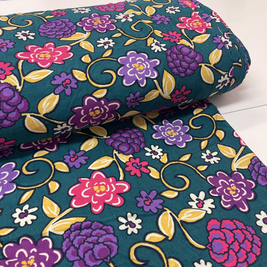 Deadstock Pink & Purple Floral Jacobean Green Needlecord Fabric