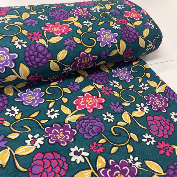 Deadstock Pink & Purple Floral Jacobean Green Needlecord Fabric