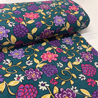 Deadstock Pink & Purple Floral Jacobean Green Needlecord Fabric