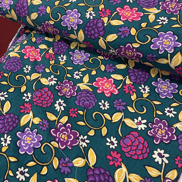 Deadstock Pink & Purple Floral Jacobean Green Needlecord Fabric
