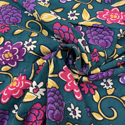 Deadstock Pink & Purple Floral Jacobean Green Needlecord Fabric