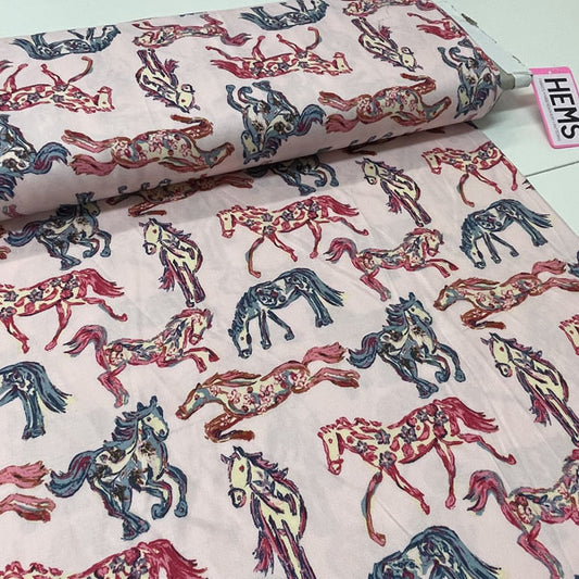Deadstock Pink Pony Club Horse Print Viscose Twill Fabric