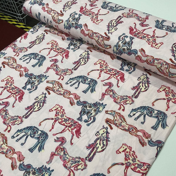 Deadstock Pink Pony Club Horse Print Viscose Twill Fabric
