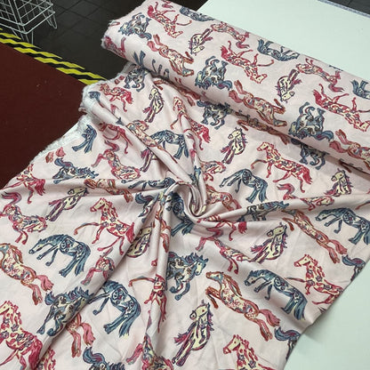 Deadstock Pink Pony Club Horse Print Viscose Twill Fabric