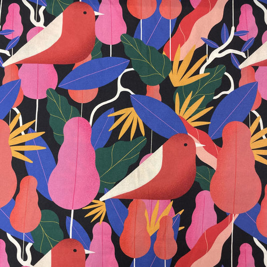 Deadstock Bright Robin & Floral Printed Viscose Twill Fabric
