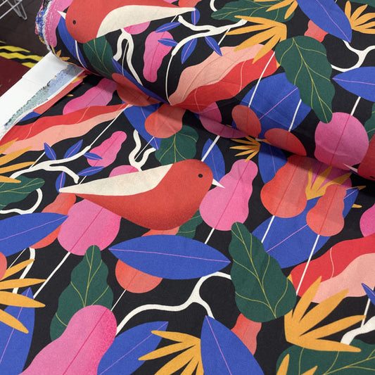 Deadstock Bright Robin & Floral Printed Viscose Twill Fabric