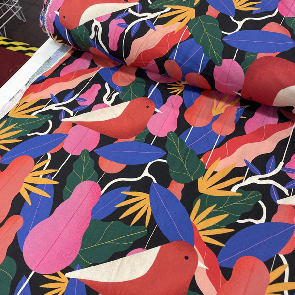 Deadstock Bright Robin & Floral Printed Viscose Twill Fabric