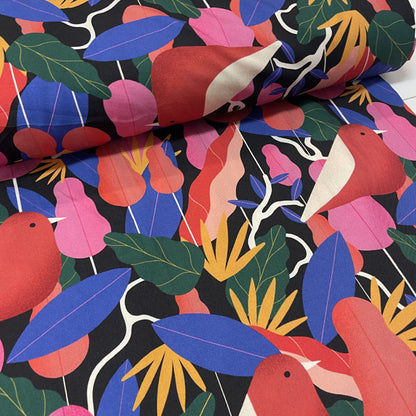 Deadstock Bright Robin & Floral Printed Viscose Twill Fabric