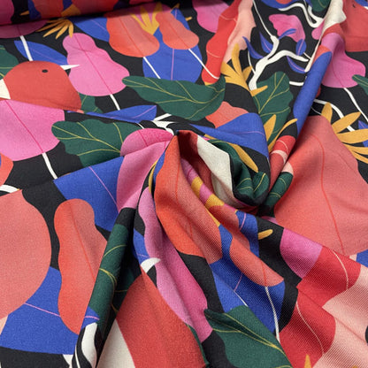 Deadstock Bright Robin & Floral Printed Viscose Twill Fabric