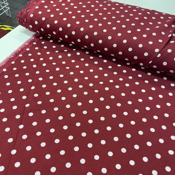 Deadstock Wine Red & White Polka Dot Satin Style Crepe Fabric