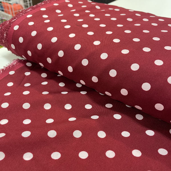 Deadstock Wine Red & White Polka Dot Satin Style Crepe Fabric