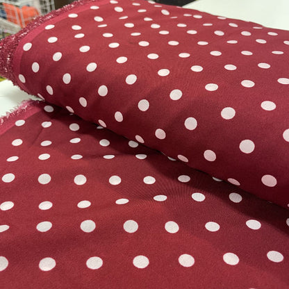 Deadstock Wine Red & White Polka Dot Satin Style Crepe Fabric